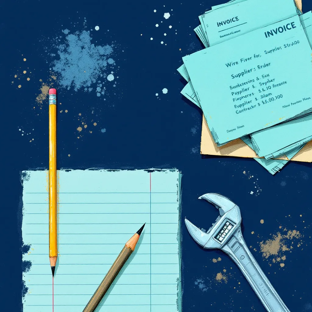 Painted still life of a carpenter's pencil, wire strippers and supplier invoices on ledger paper