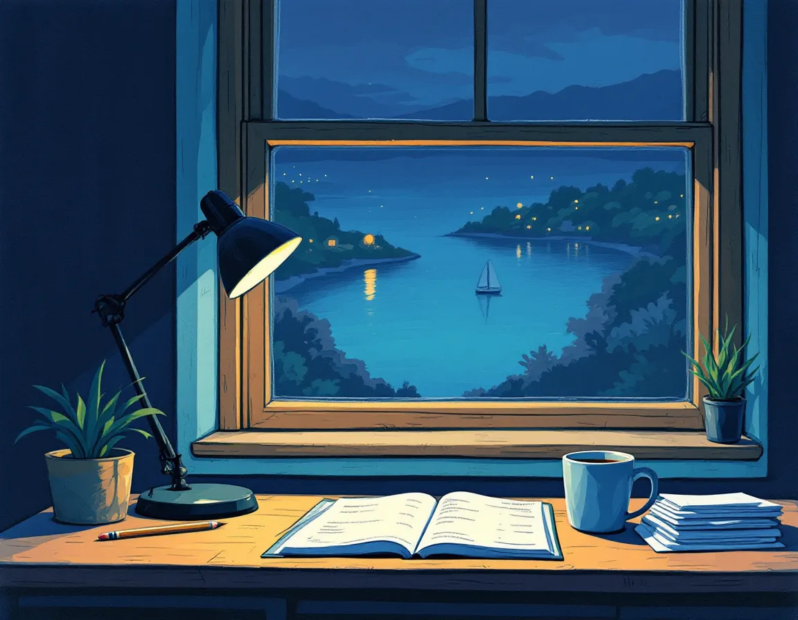 Painted office table with an open ledger, pencil and invoices under a lamp, harbor lights outside the window