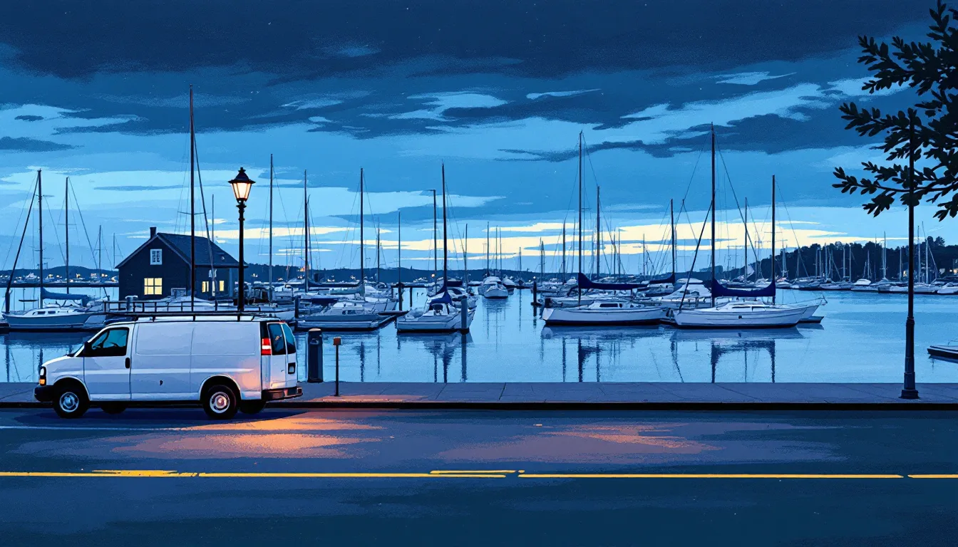 Painted dusk scene of Port Washington harbor with moored boats and a work van by the water