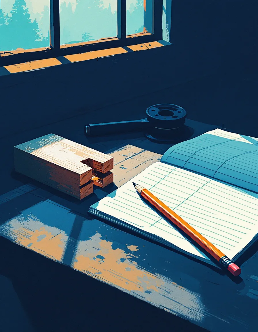 Painted illustration of a workbench at dawn with a dovetail joint, carpenter's pencil and an open ledger